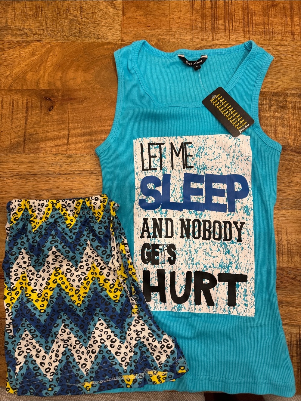 Justice Girls Turquoise Tank Pajama Set with Blue & Yellow Patterned Shorts